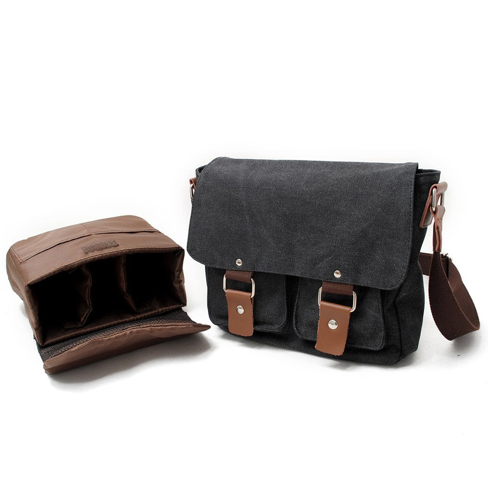 peacechaos Men's Canvas Camera Bag Leather DSLR SLR Camera Case Vintage Camera Messenger Bag Shoulder Bag Sling Bag (Dark Grey)