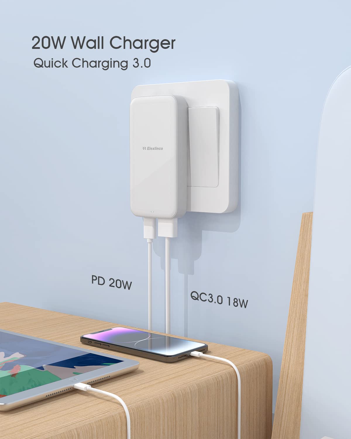 USB Wall Charger, USB C Fast Charger, Elexlinco Dual USB Wall Charger with Apple 20W Charge and QC 3.0 18W USB-A,USB C Wall Adapter for Apple 14 13 12
