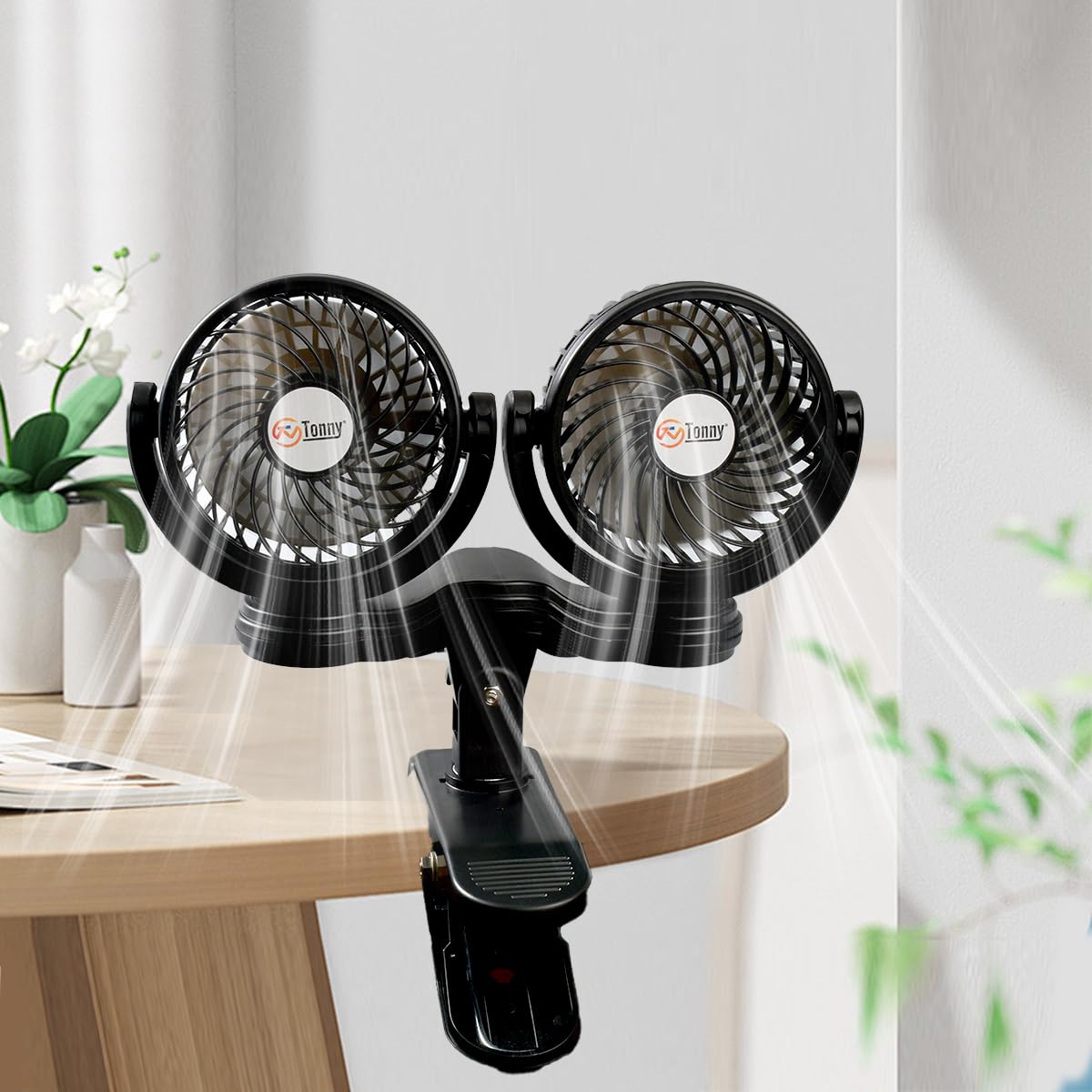 TN TONNY Brushless Motor Dual Head Clip On Fan,with DC 12V and AC 110V Power Adapter in Car and Home Use, 7 Blades Air Cooling Dual Head Fan