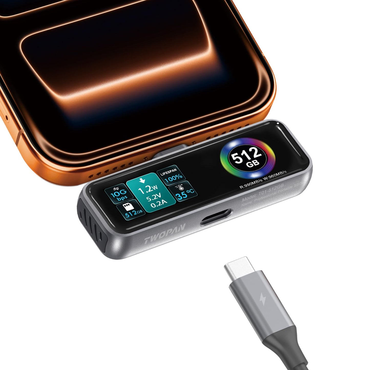 TWOPAN Magnetic Portable iPhone SSD for ProRes 4K 60fps Video Recording, 512GB External Storage for iPhone 17/16 Pro/Pro Max/iMac/MacBook, LCD
