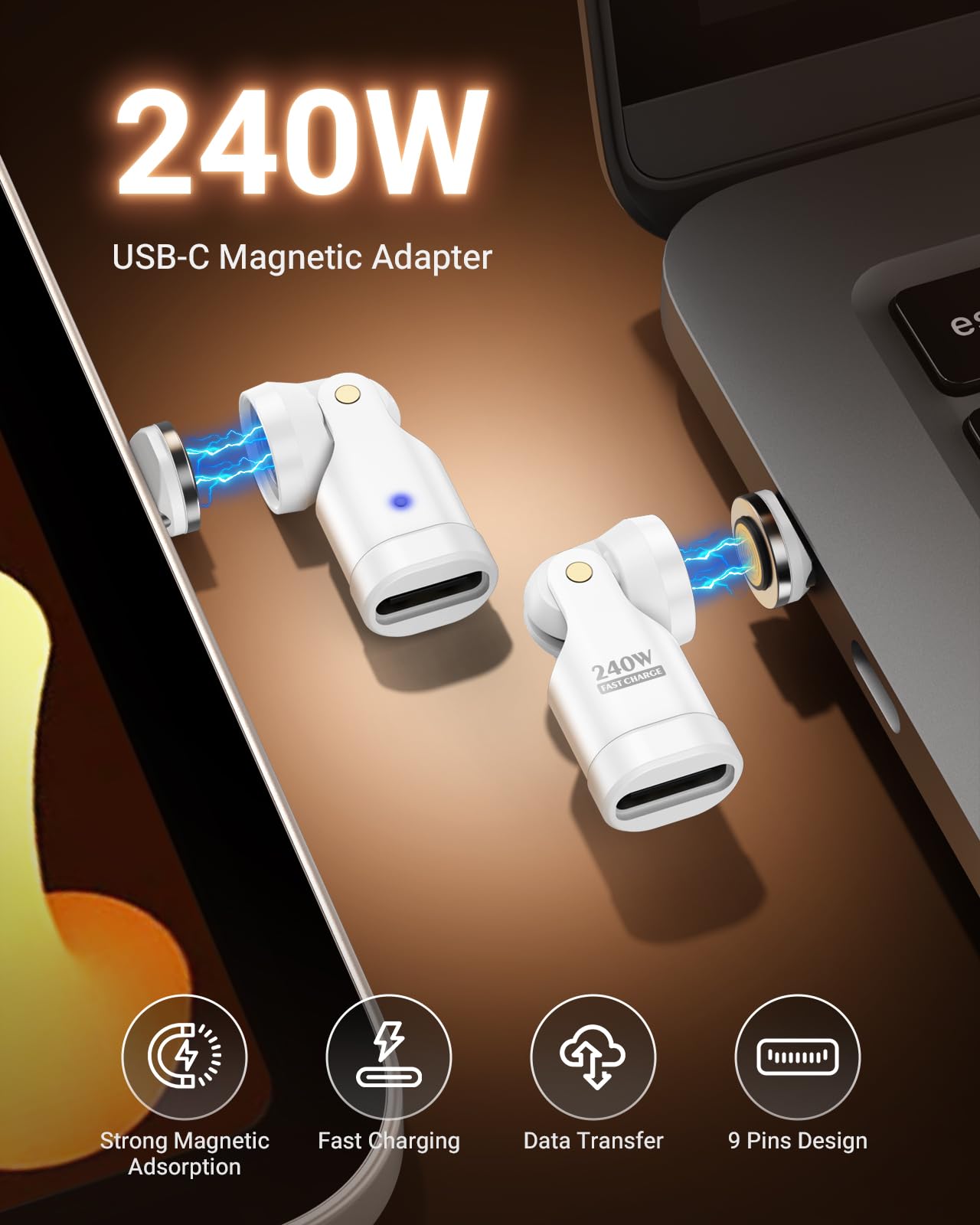 USB C Magnetic Adapter 240W (2Pack) - 9 PIN Magnetic Type-C Adaptor with 180° 360° Rotating, Right Angle USBC to USB C 90 Degree Adapter for iPhone…