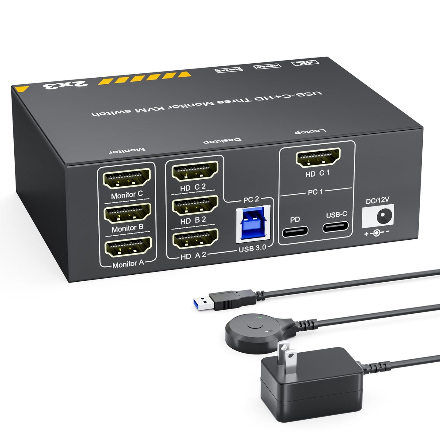 KVM Switch 3 Monitors for 1 Laptop and 1 Desktop 4K@60Hz, USB C HDMI Three Monitor KVM Switch,Docking Station KVM Switches with 4 USB 3.0 Port, 87W PD