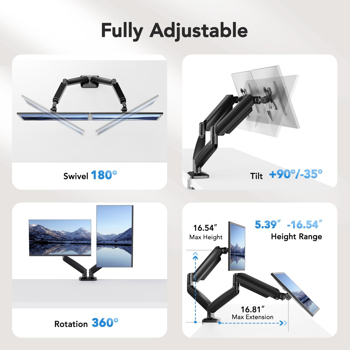 HUANUO Dual Monitor Mount, Mounts 2 Screens Up to 32 Inch, Holds 22 lbs per Arm, Dual Monitor Stand with Excellent Design, Height-Adjustable, Tilt
