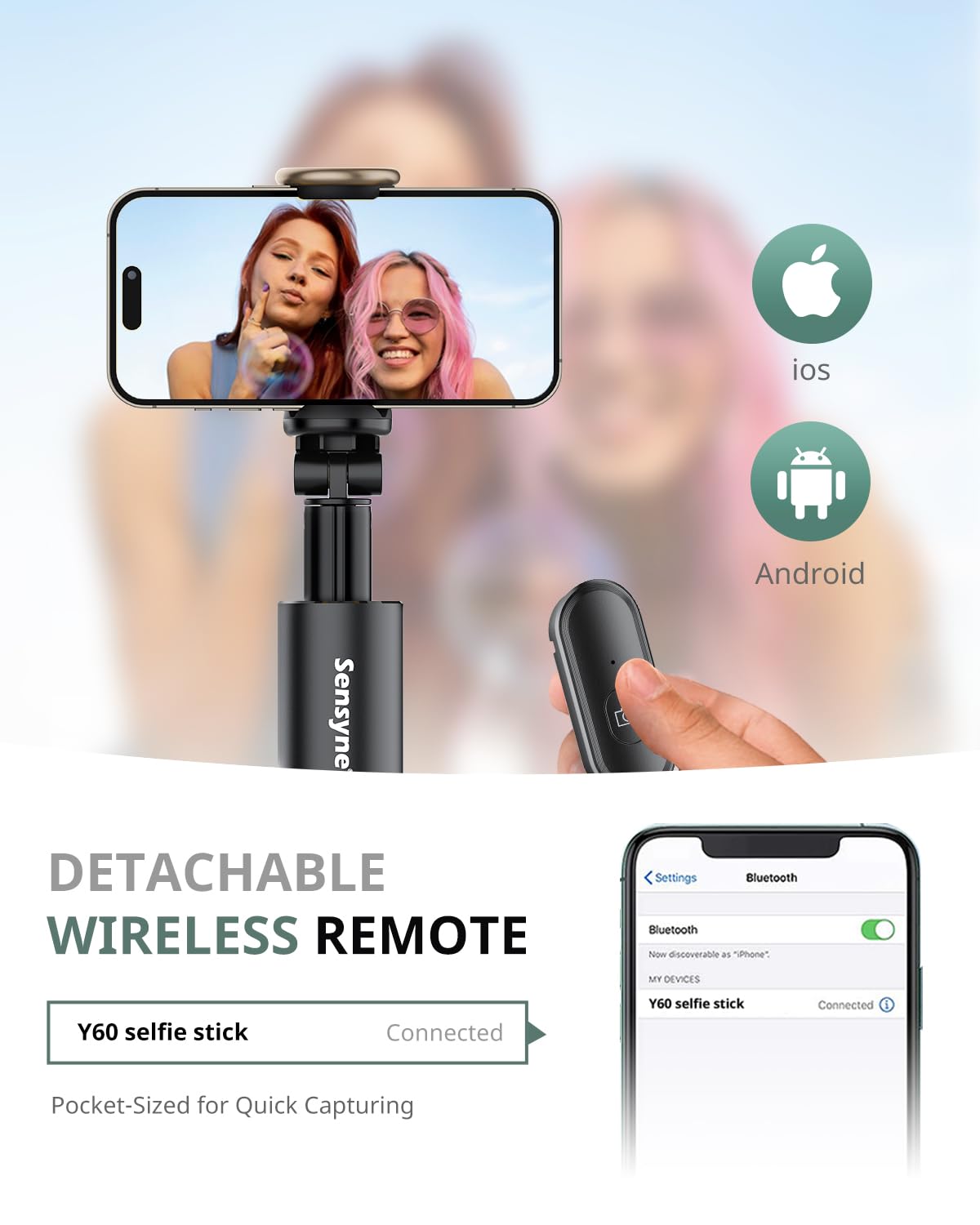 Sensyne 60" Phone Tripod - Selfie Stick, Lightweight All in One Phone Tripod Integrated with Wireless Remote Compatible with All Cell Phones for