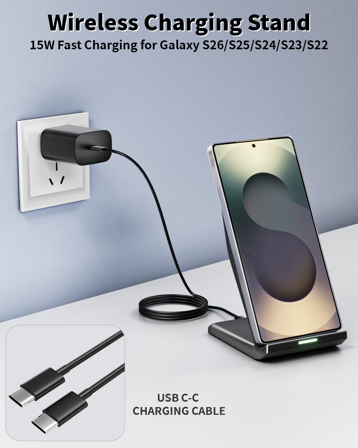 Wireless Charger Stand for Samsung,15W Max Wireless Charging Stand Desk Charging Station Android Desk Charger for Samsung S26/S25