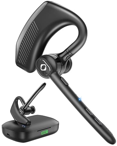 Wireless Headset Bluetooth Earpiece with Dual Noise Canceling Microphone Hands Free Headphones Single Ear Earphone Over Ear Earbud for iPhone Samsung
