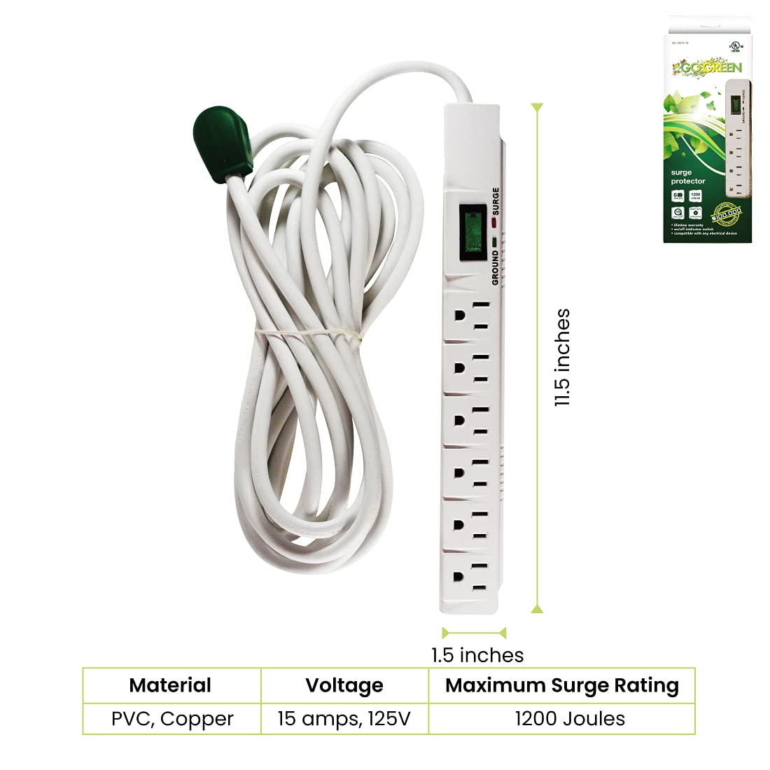Go Green Power Inc. (GG-16315-15) 6 Outlet Surge Protector, 1200 Joules, White, 15 Ft Cord