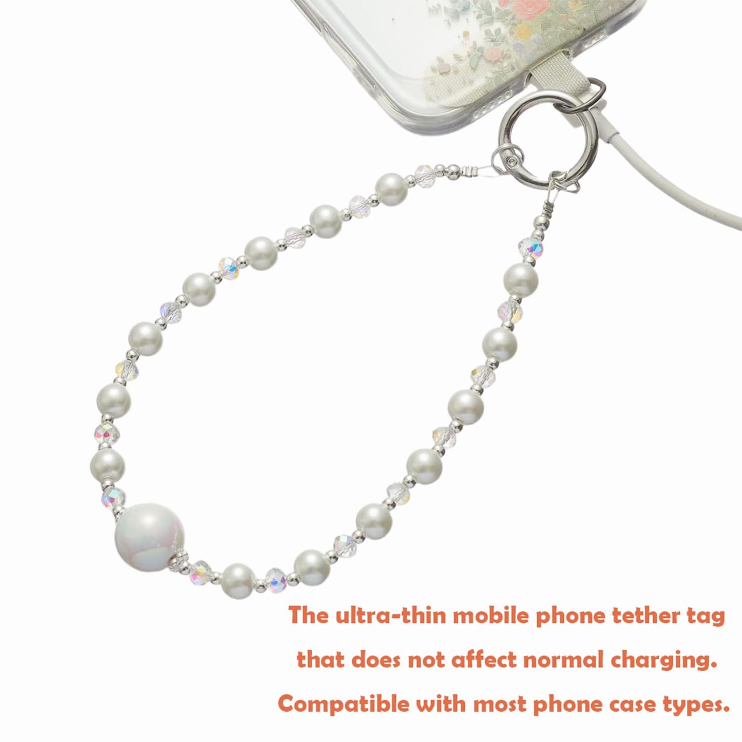 NUANJUYU Sparkling Beads Phone Lanyard Wrist Strap - Multi-Use Anti-Drop Safety Strap with 2 Tether Tabs & Mini Cord - Handmade Gift for Women (White)