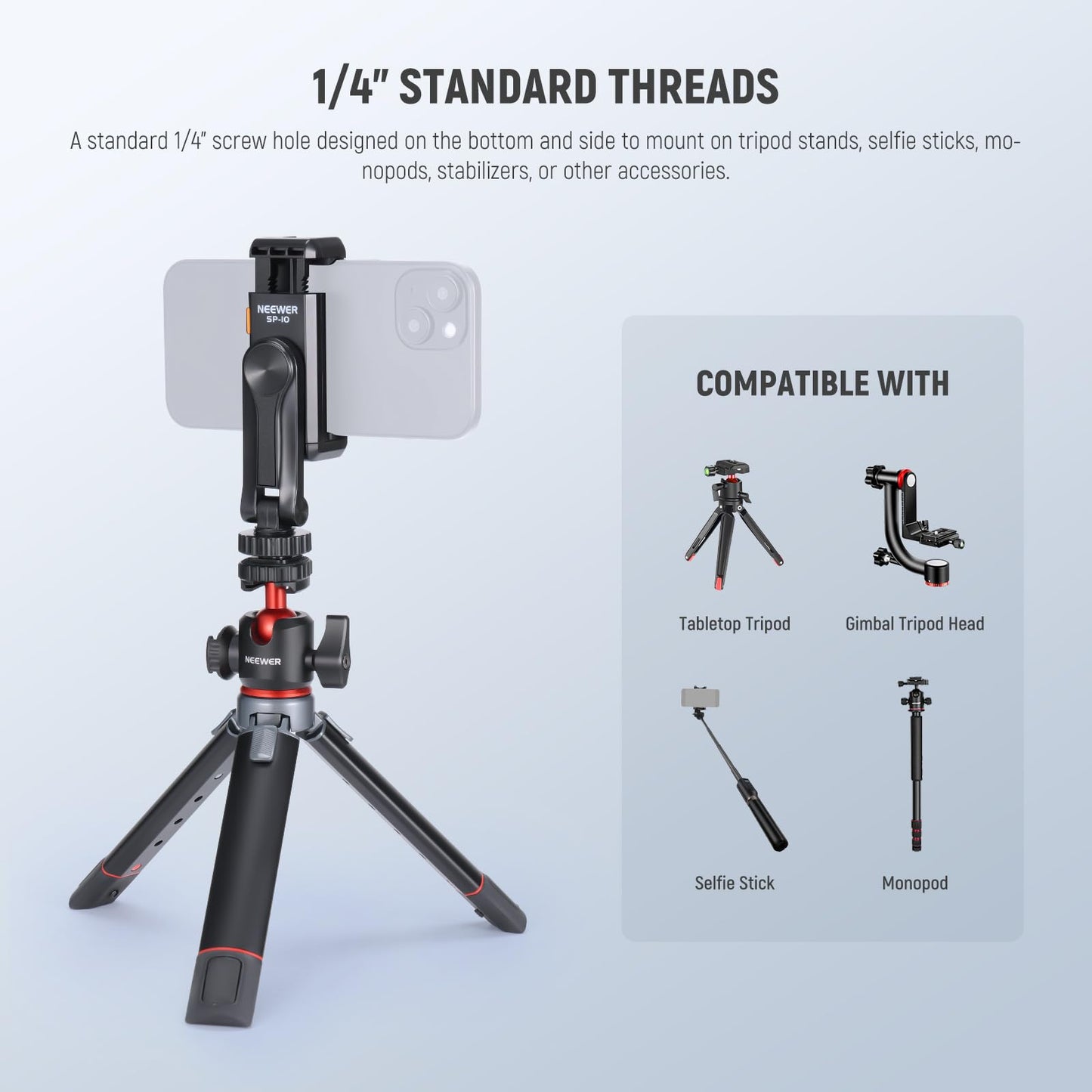 Neewer Basic Phone Tripod Mount Holder with 1/4" Thread & Cold Shoe, 2.36"-3.54"/6-9cm 360° Rotatable Camera Mount Cellphone Clamp for iPhone 15 14 13