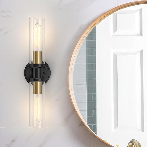 Espird Bathroom Light Fixtures 2-Light Black & Gold, Bathroom Vanity Lights Over Mirror, Wall Sconces, Industrial Lighting, Modern Brushed Brass