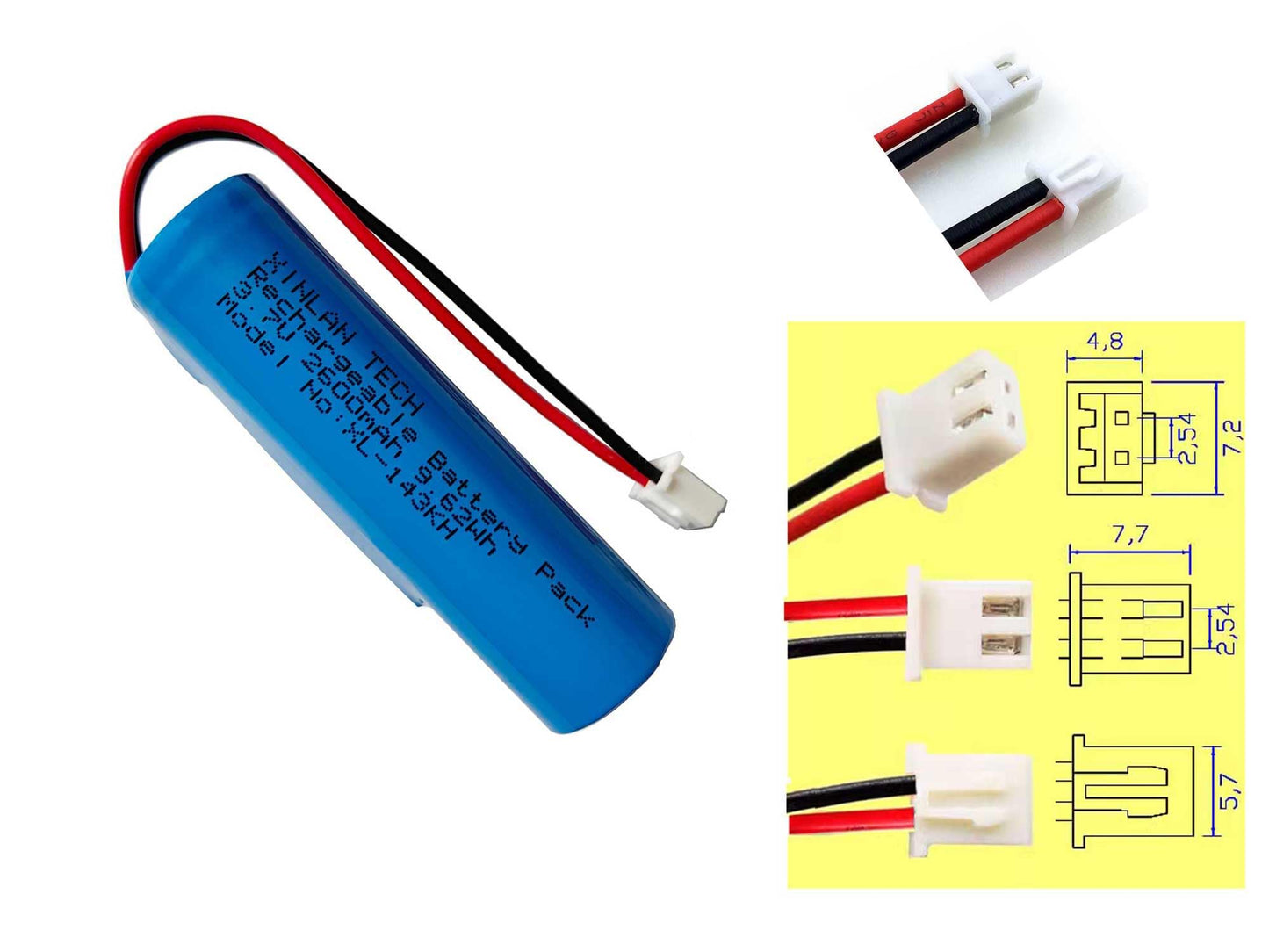 XINLANTECH 3.7V 2600mAh 18650 Rechargeable Li-ion Battery with Jst XH2.54/2P Connector Plug Wires for DIY Electronics, Toys, Lighting,Bluetooth…