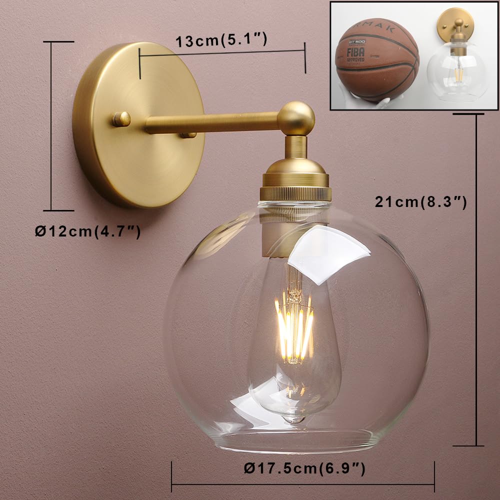 Yosoan Brass Boho Vanity Vintage Gold Bathroom Wall Sconce, Indoor Hardwired Wall Mounted Industrial Fixture Lights with Double Hole Round Glass Lamp