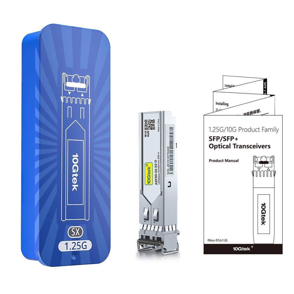 10GTEK 1.25G SFP 1000Base-SX, 850nm MMF, up to 550 Meters, Compatible with D-Link DEM-311GT, Ubiquiti UniFi UF-MM-1G, Mikrotik S-85DLC05D, Supermicro
