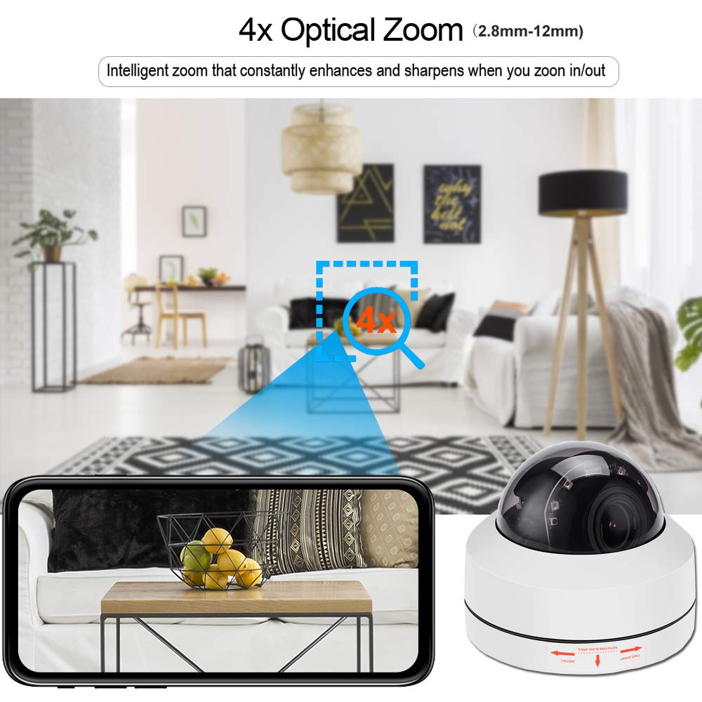 Alptop Outdoor 8MP 4K PTZ IP POE Dome Ceiling Security Camera Pan Tilt 5xOptical Zoom 100ft IR Night Vision Motion Detection Remote View RTSP