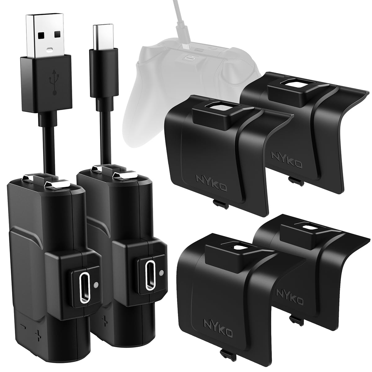 Nyko Xbox Power Kit Plus for Xbox Series X|S/One - Rechargeable Battery Kit with 2 Batteries, Black Covers, 10-Foot USB-C Charge Cable - Ultimate Xbox