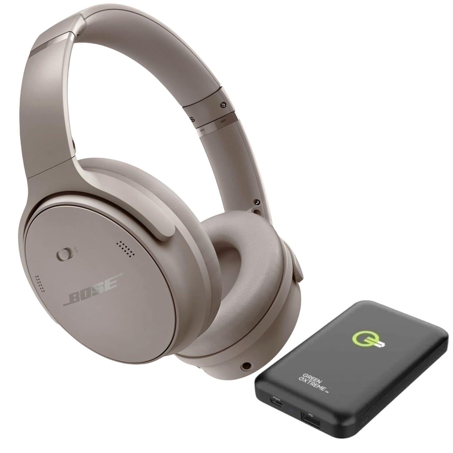 Bose QuietComfort Wireless Noise Cancelling Headphones, Bluetooth Over Ear Headphones Bundle with Green Extreme Wireless Portable Charger, (Sandstone)