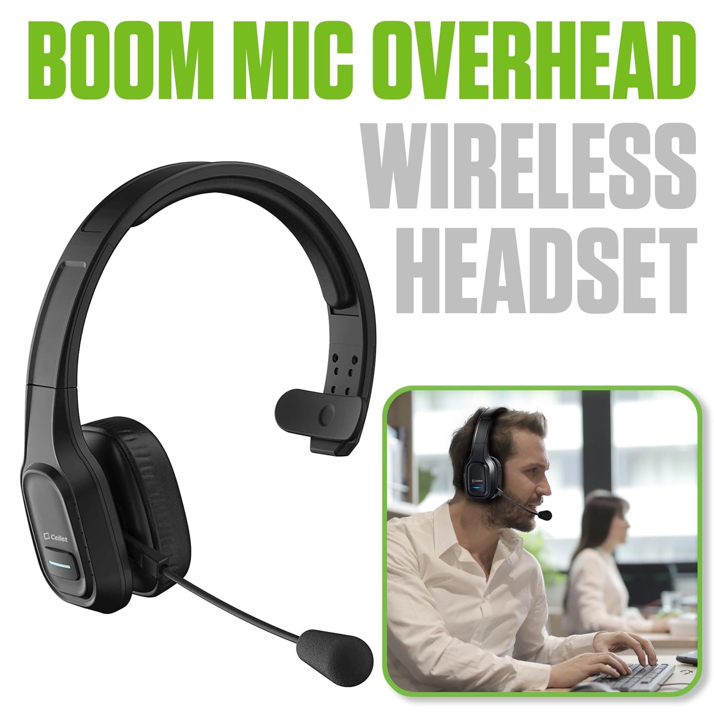 Cellet Overhead Boom Mic Wireless Headset with Noise Cancelling, Echo Reduction, 34H Talk Time, 30ft Range - Adjustable Headband, All-Day Comfort