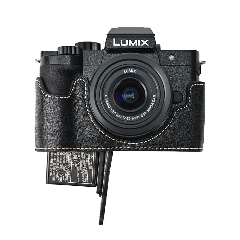 G100K Case, BMAOLLONGB Handmade PU Leather Half Camera Case Bag Cover Bottom Opening Version for Panasonic Lumix G100K with Neck Strap (Black)
