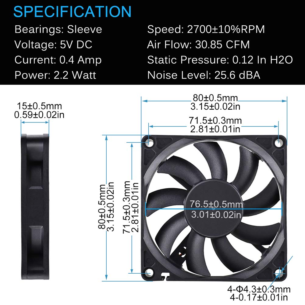GDSTIME USB Connector 80mm x 80mm x 15mm DC 5V Power 3 Inch Brushless Cooling Fan