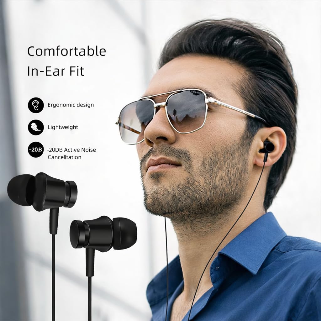 Silenva Active Noise Canceling Earbuds Wired, USB-C Wired ANC Earbuds, 20dB Earbuds Wired, Press Center Button Twice to Turn on ANC, Black