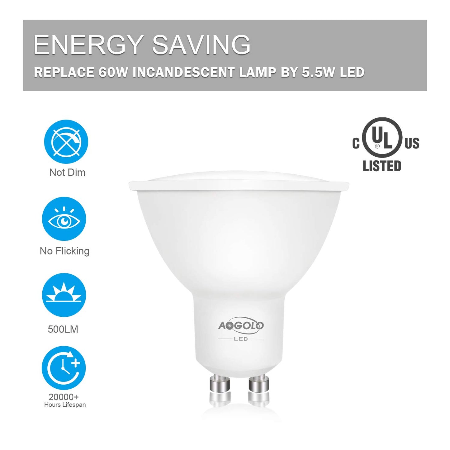 AOGOLO GU10 AC120V LED Light Bulbs, 6 Pcs Daylight White 4200K 50W Equivalent, 500 Lumens, 5.5W LED Spotlight,Non Dimmable, Replacement for Recessed