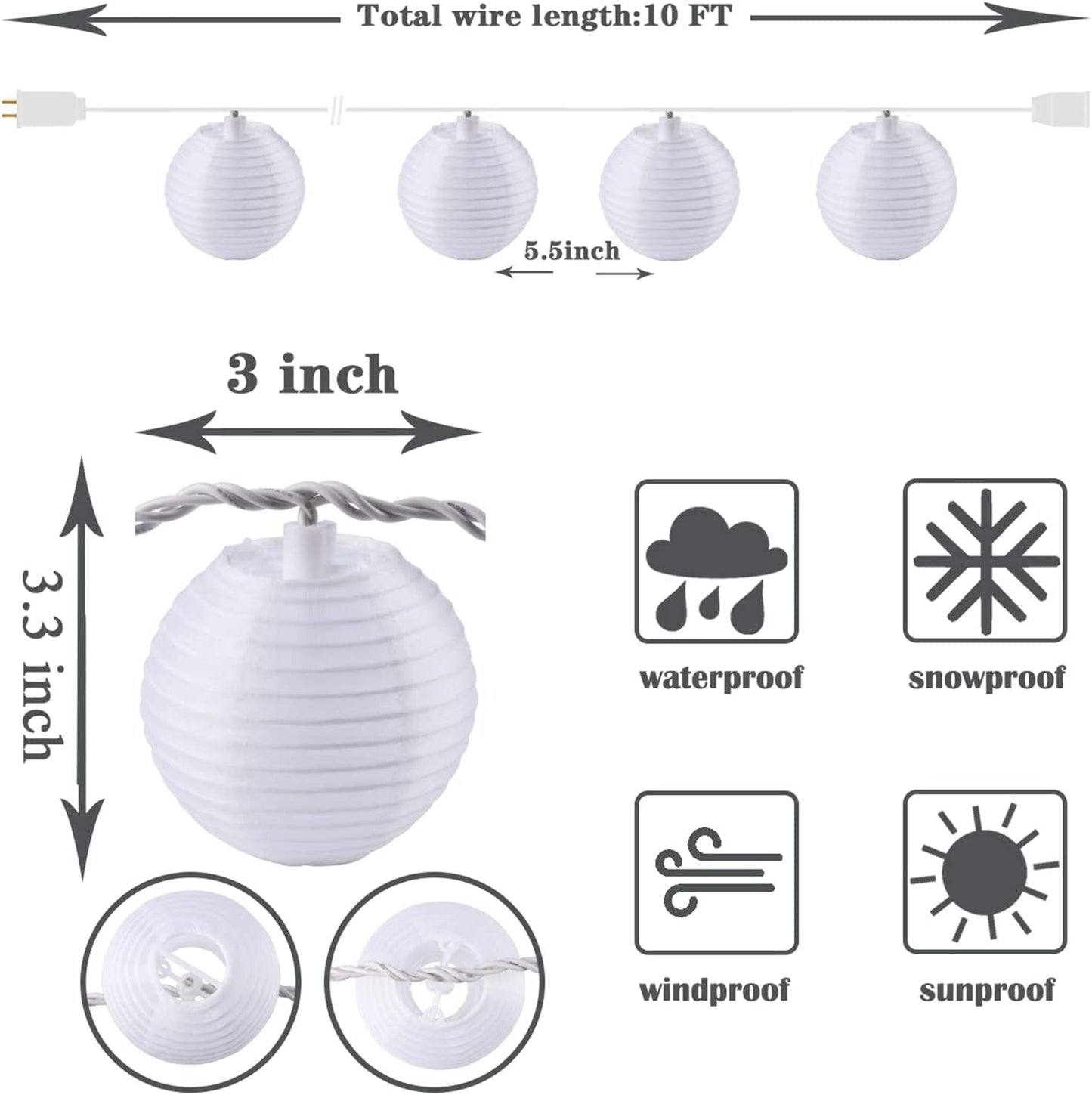 Vigdur Lantern String Lights Waterproof Connectable Nylon Hanging Lantern String Lights Plug in White Decorative Lights for Patio Wedding Party