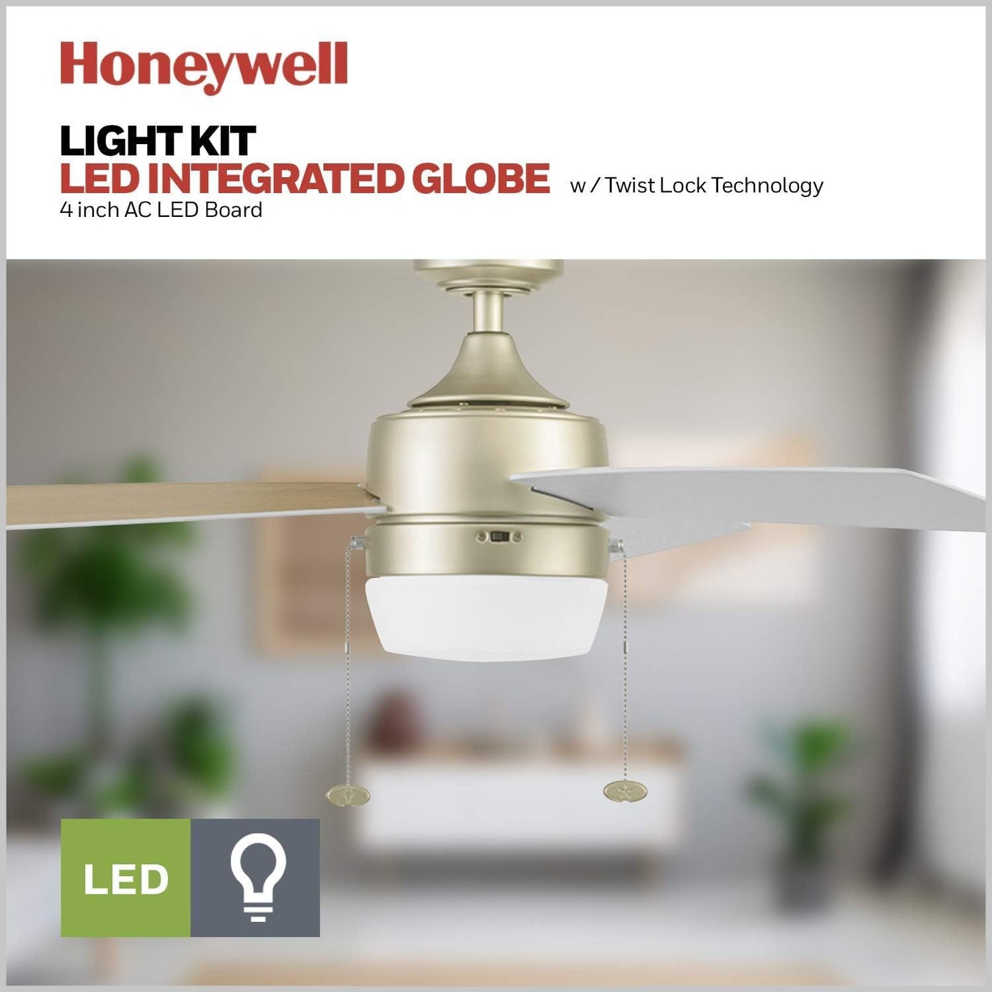 Honeywell Ceiling Fans Barcadero 44 Inch LED Indoor Ceiling Fan with Light, Pull Chain, Reversible Motor, 3 Dual Finish Blades, Soft Gold
