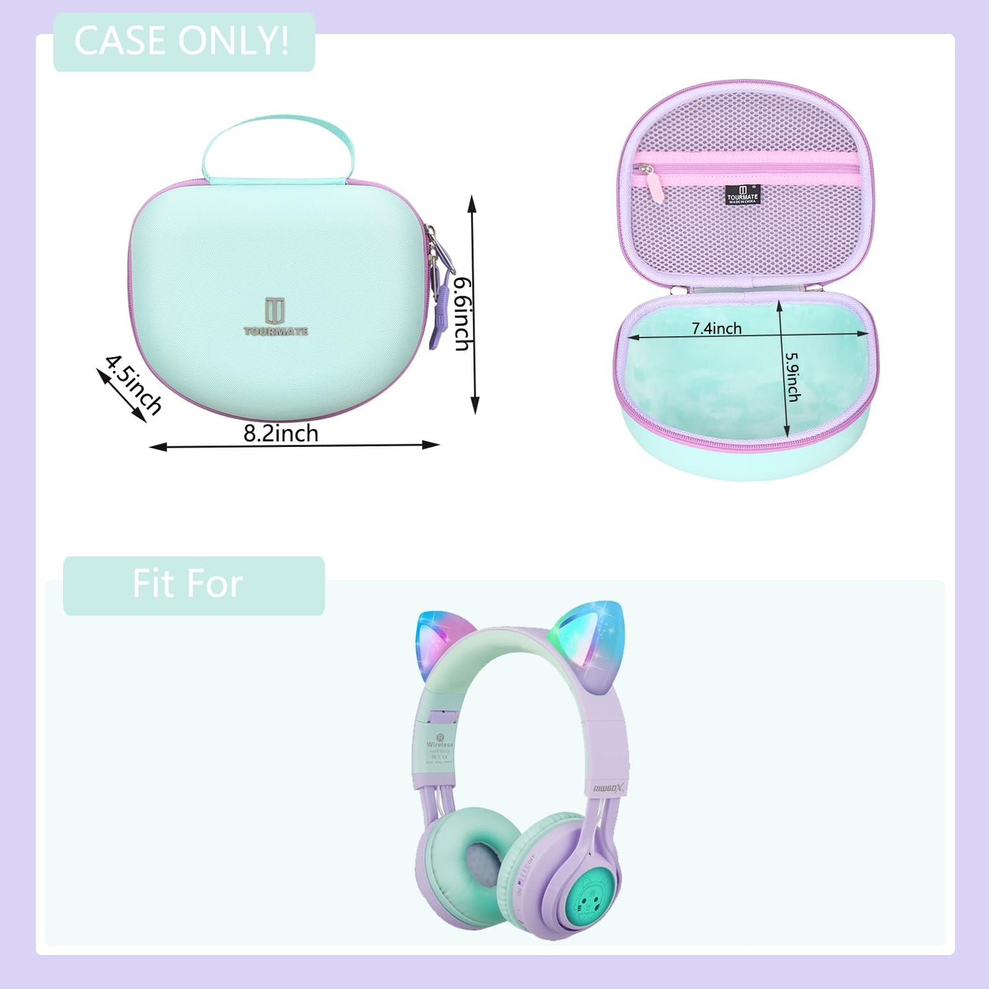 Tourmate Hard Travel Case for Riwbox CT-7 CT-7S / iClever HS01 / FosPower Cat Ear LED Light Kids Wireless Headphones, Protective Carrying Storage Bag
