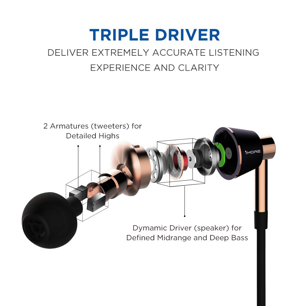 1MORE Triple Driver in-Ear Earphones Hi-Res Headphones with High Resolution, Bass Driven Sound, MEMS Mic, in-Line Remote, High Fidelity