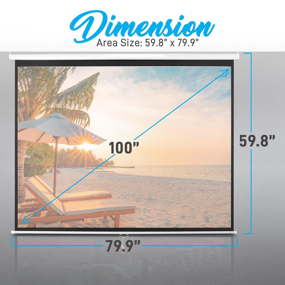 Pyle Manual Pull Down Projector Screen - Universal 100-inch Roll-Down Retractable Manual Screen w/ Auto-Locking, Adjustable Screen Height, Black Masking Border -Home PRJSM1006