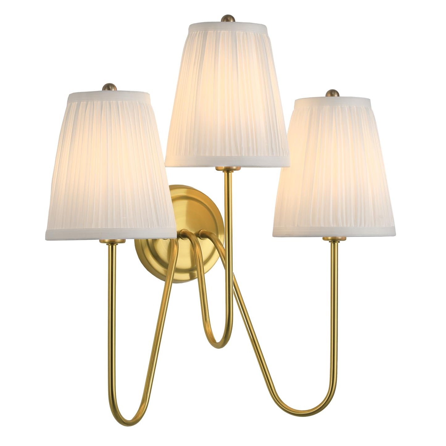 Electro bp; Elegant Triple Sconce Polished Gold Curved Metal Arm with Warm White Pleated Fabric Lamp Shades Brocade Cover Wall Light Fixture,E12,3