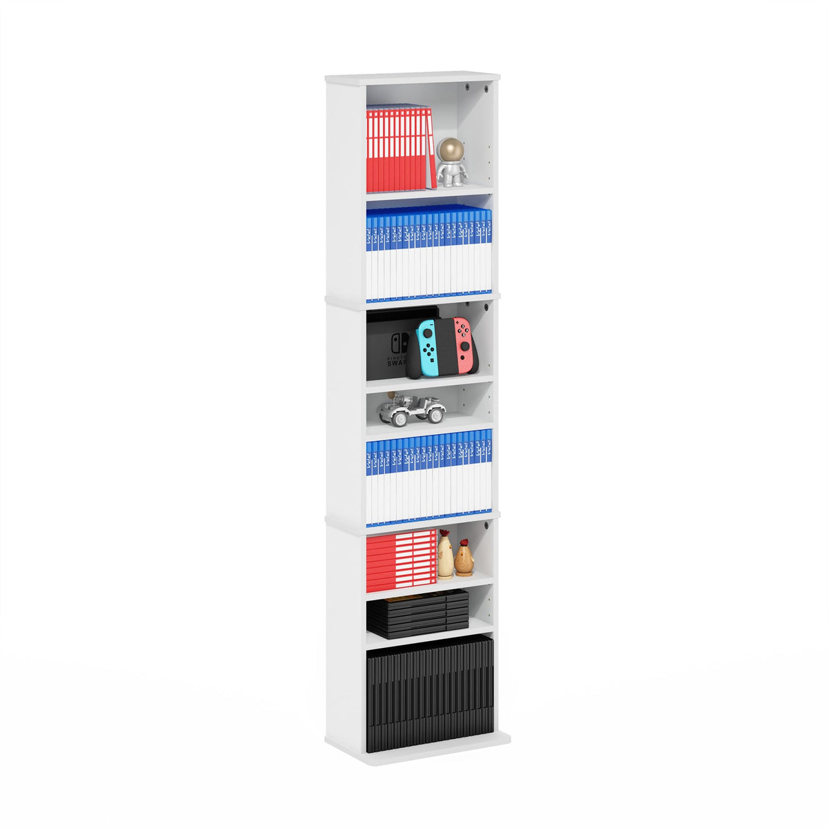 Furinno Jaya DVD Shelf, 9-Shelf Tall Narrow CD Rack, Media Shelf with Adjustable Shelves, DVD Storage Cabinets for CD Bluray Game Disc, Easy Assembly, for Living Room, Home Office, White