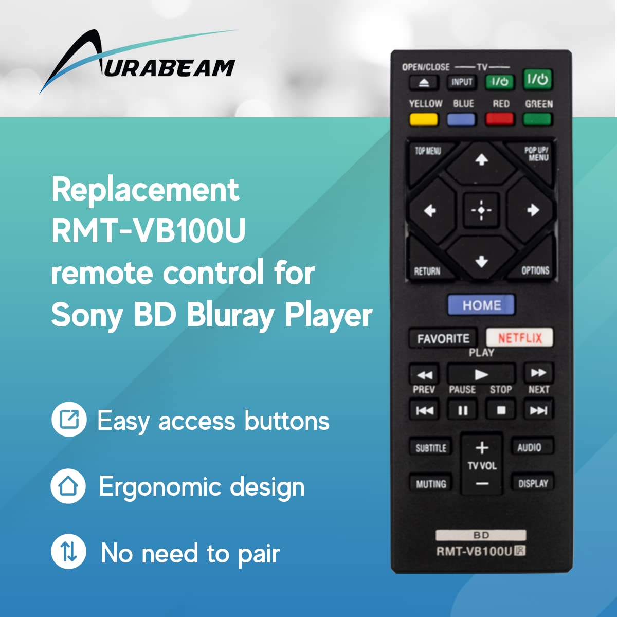 Aurabeam RMT-VB100U Replacement Blu-ray Remote Control for Sony BD Bluray Player (RMTVB100U / 149295411)