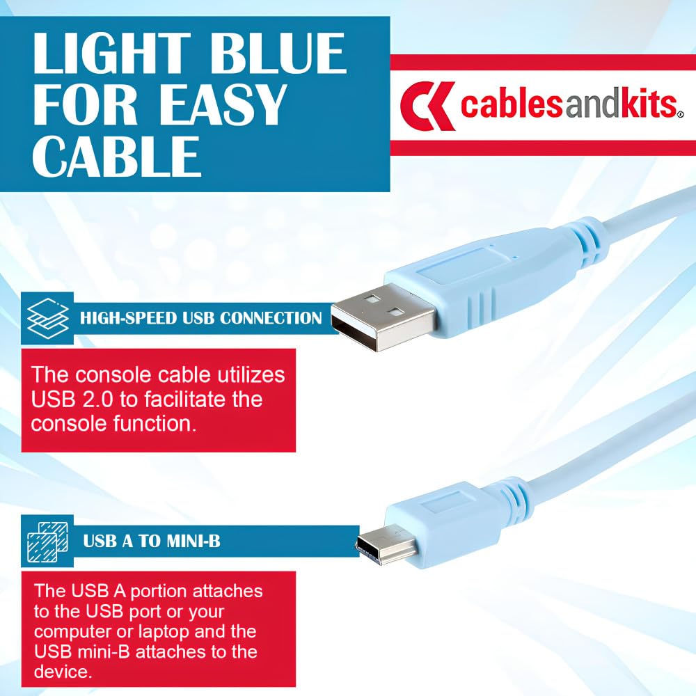 CablesAndKits Compatible Cisco Blue USB Console Cable 6ft | A to Mini-B Rollover Cable | Compatible with Cisco Routers, Switches, Firewalls |