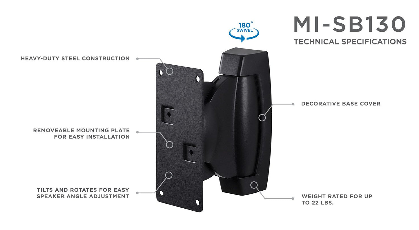 Mount-It! Heavy-Duty Speaker Wall Mount, Universal Adjustable Design for Bookshelf, Large or Small Speakers, 1 Pair, 22 Lbs Capacity, Black