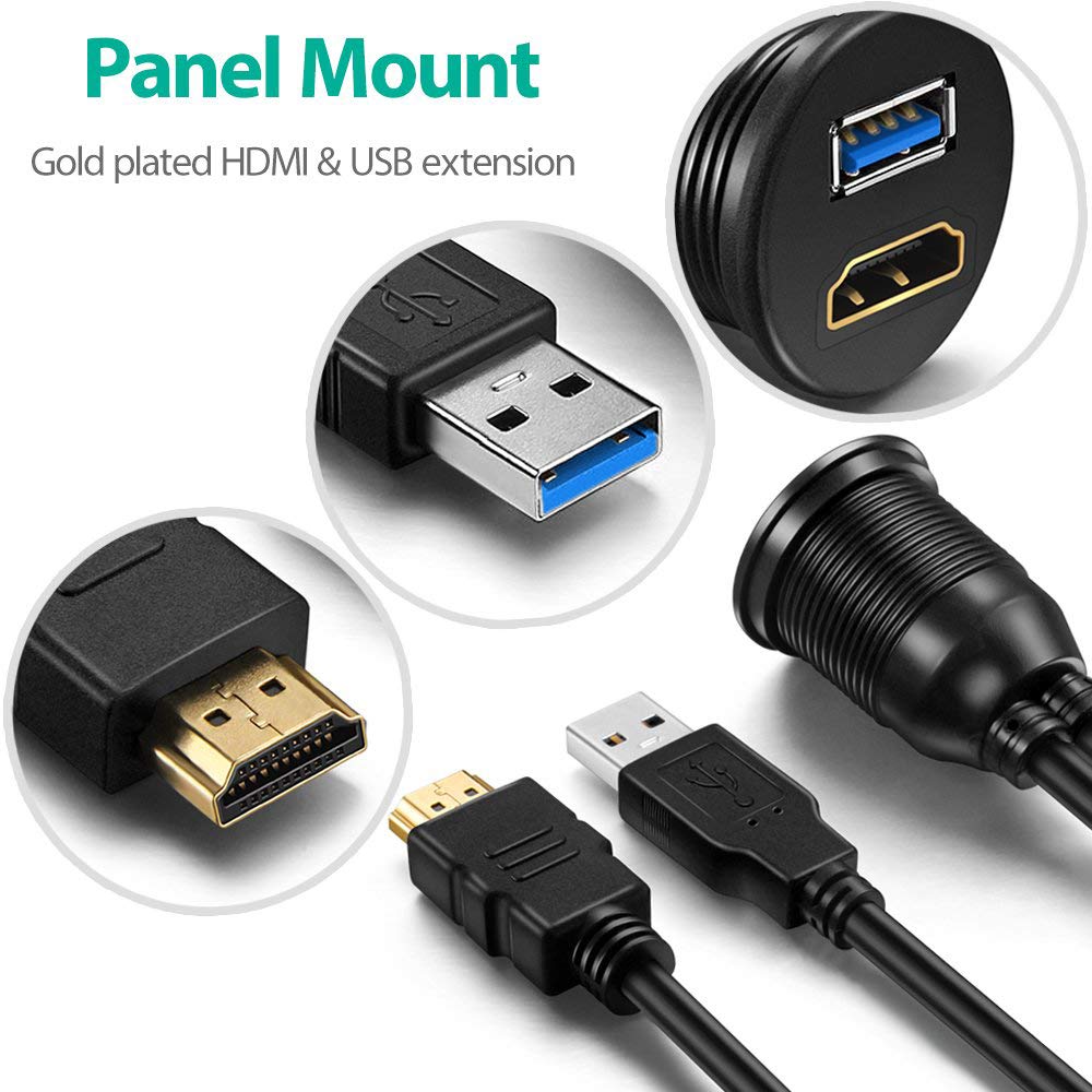 OBVIS USB3.0 and HDMI Mount Cable - USB3.0 and HDMI Extension Flush, Dash, Panel Mount Cable, for Car, Boat, Motorcycle (3 Feet)