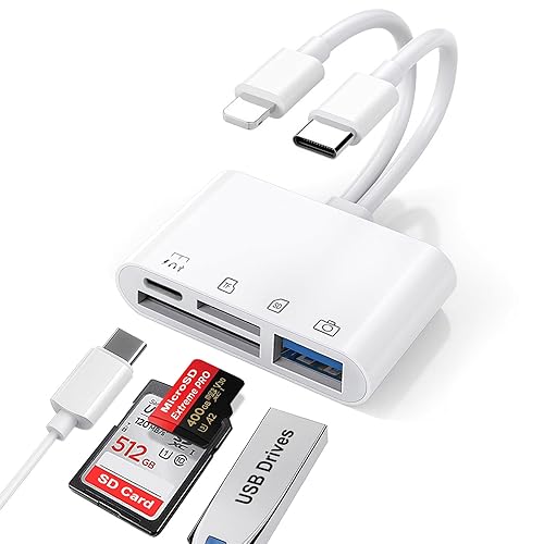 SD Card Reader for iPhone/iPad/Android, USB C & Lightening to SD/MicroSD Card Reader with USB Camera Adapter, Memory Card Reader for iPhone 15/16/17