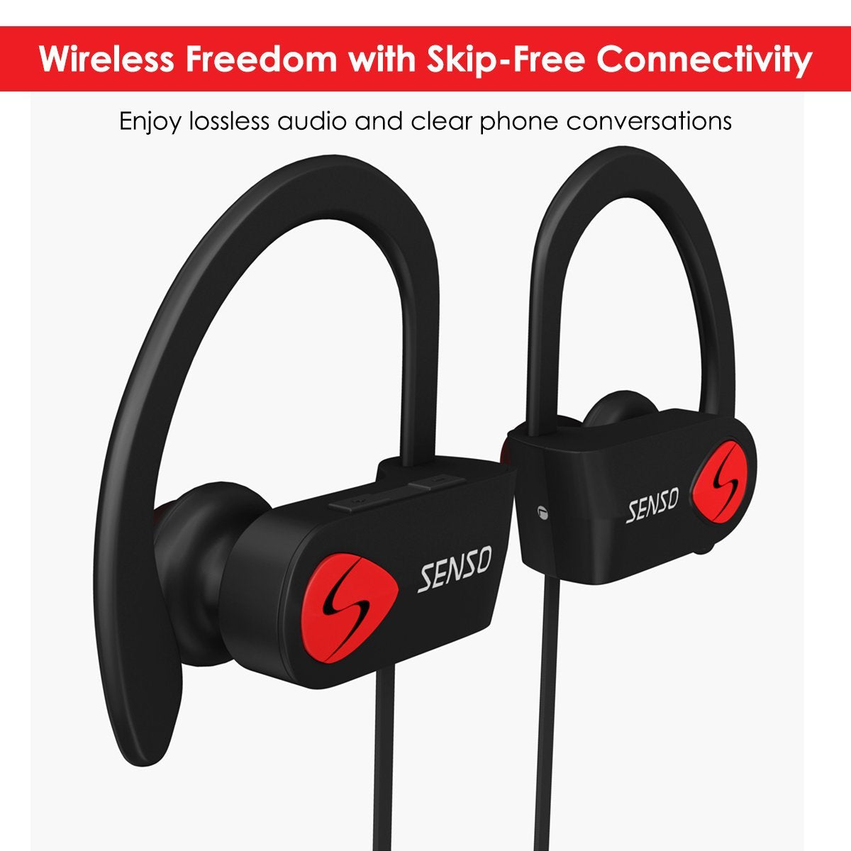 SENSO Bluetooth Headphones, Best Wireless Sports Earbuds w/Mic IPX7 Waterproof HD Stereo Sweatproof Earphones for Gym Running Workout Noise Cancelling