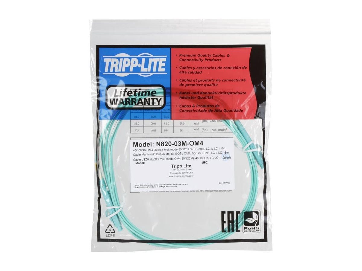 Tripp Lite 10-ft Fiber Optic LC/LC Duplex Patch Cable, Aqua N820-03M-OM4