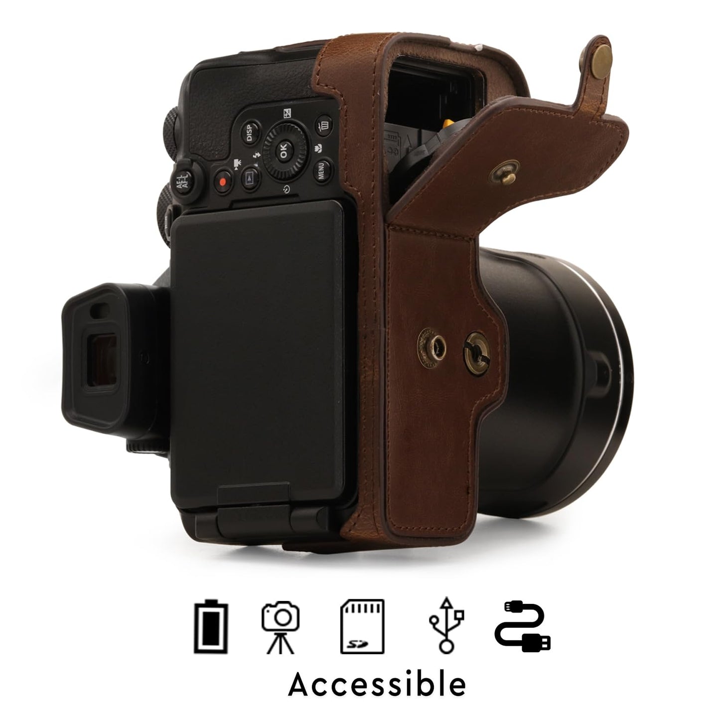 MegaGear Faux Leather Case Compatible with Nikon Coolpix P950 - Dark Brown (MG1879)