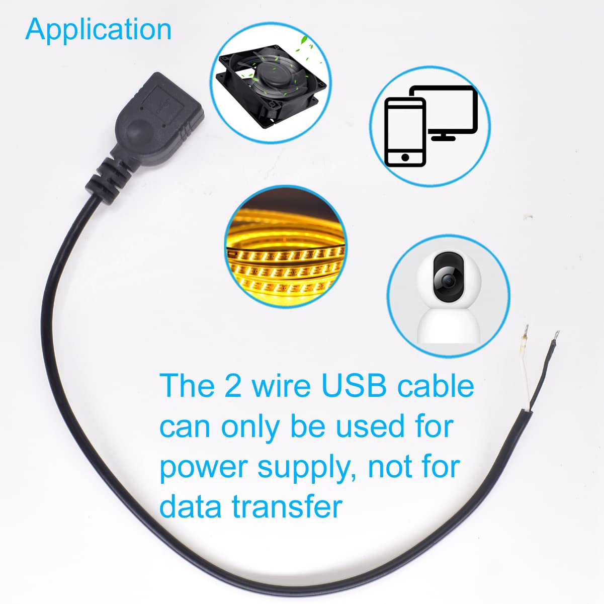ELNONE Short Charging USB 2 Wire Pigtail Cable (4 Pack 12 Inch) 30cm 22AWG 3A Black USB Female 2 Wire Power Cable Pigtail Cord Connectors with Quick