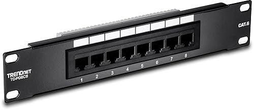 TRENDnet 8-Port Cat6 Unshielded Patch Panel, TC-P08C6, Rackmount, 10 Inch Wide, 8 x Gigabit RJ-45 Ethernet Ports, Pre-Numbered Ports, 250 Mhz
