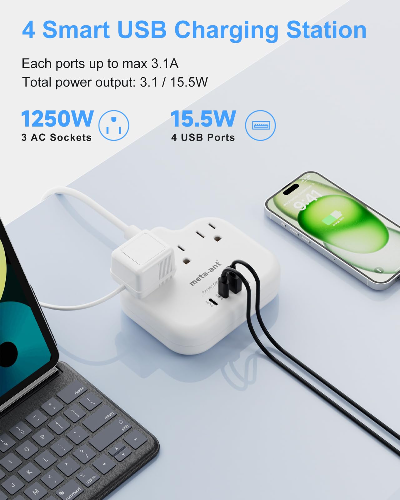 2 Prong Power Strip with USB C, meta-ant 2 Prong to 3 Prong Outlet Adapter, Two Prong Power Strip with 3 Outlets & 4 USB(2 USB-C), 4ft Extension Cord