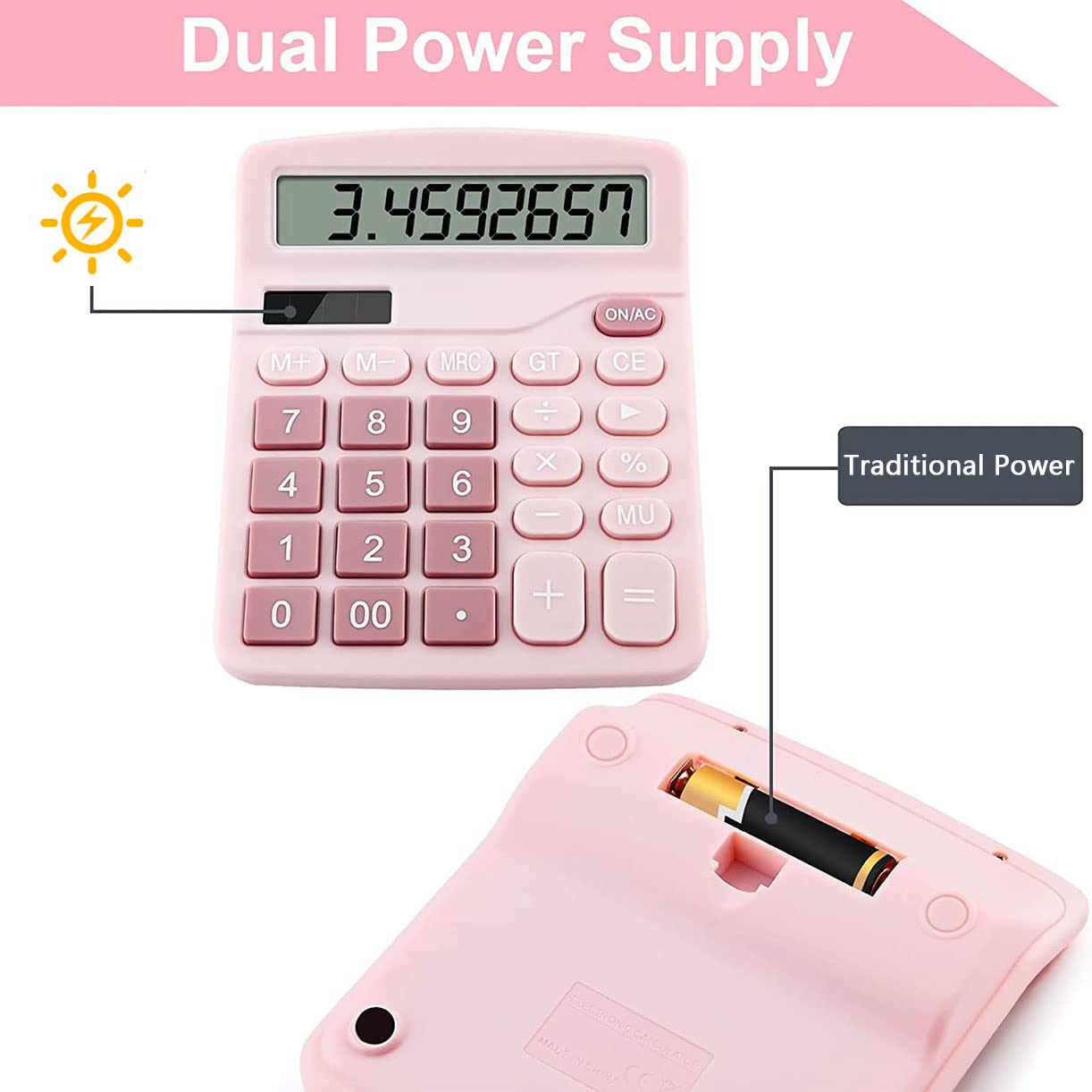Podokas Office Calculators Desktop, 12-Digit Dual Power Cute Calculator with Large LCD Display Big Button for Office Home and School (Pink)