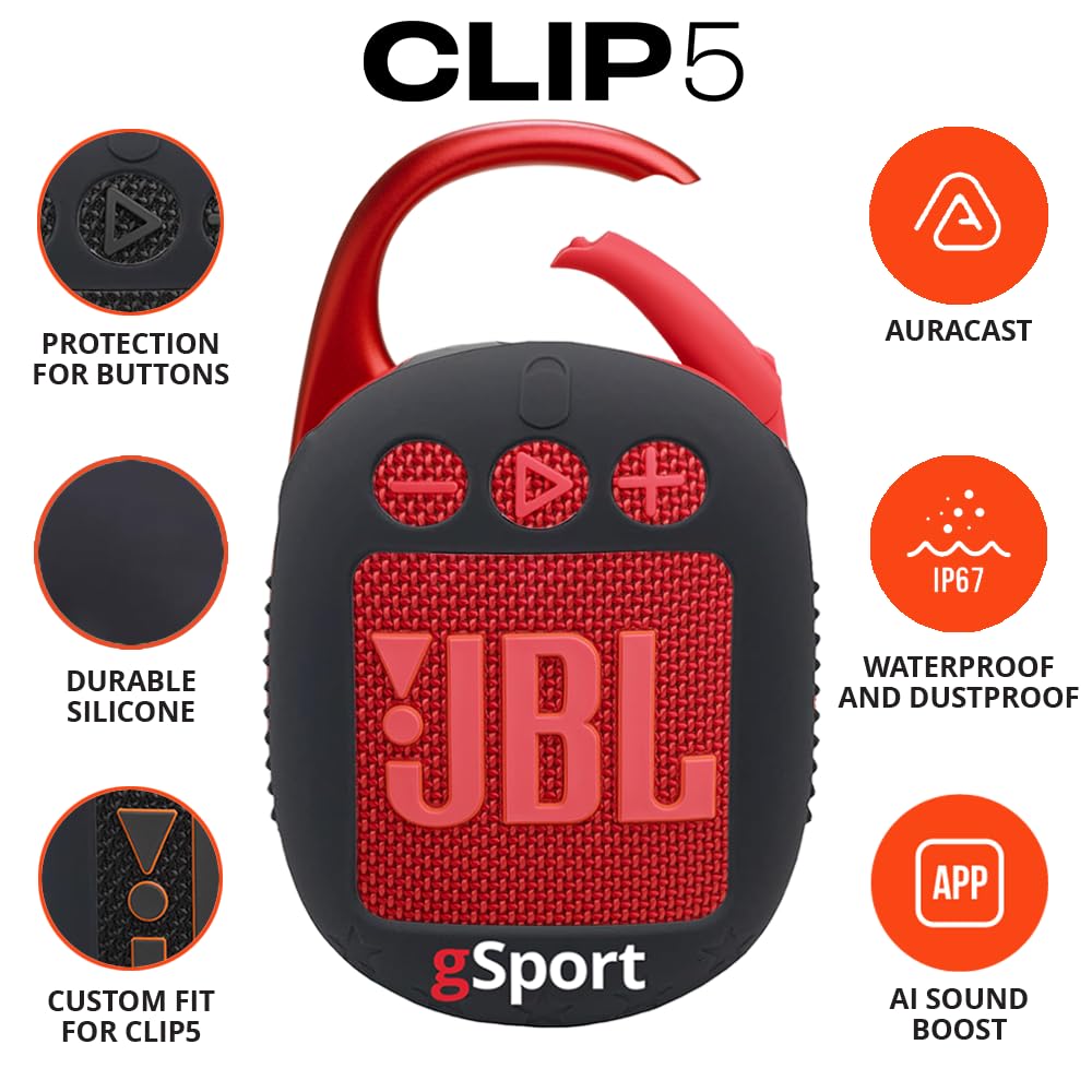 JBL Clip 5 Ultra Portable Bluetooth Speaker with gSport Silicone Sleeve (Red)