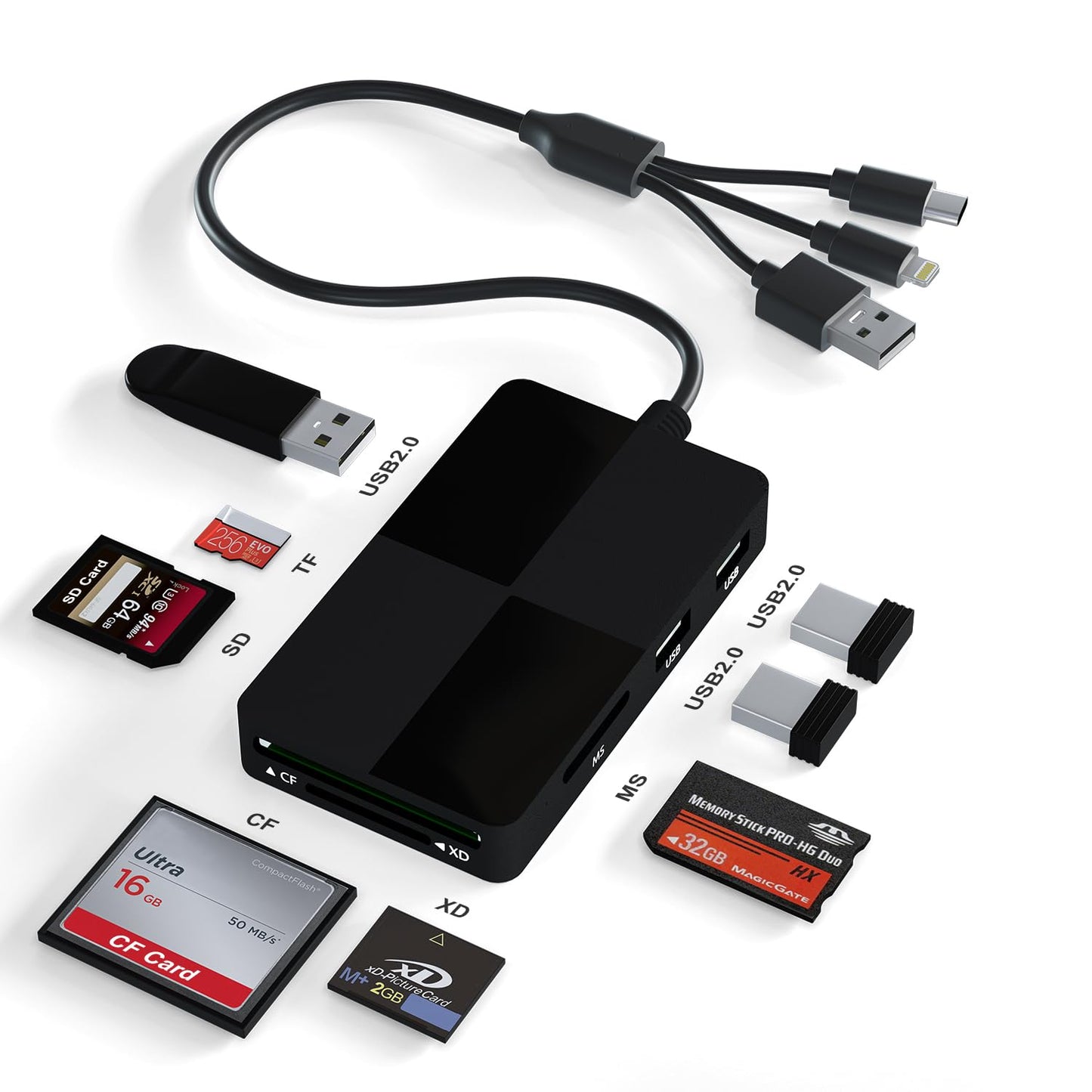 Memory Stick pro Duo Adapter Reader - 8 in 1 SD/TF/MS/CF/XD Card Reader with 3 USB 2.0 Ports for iPhone/Computer/USB-C Device, Built-in 3-in-1
