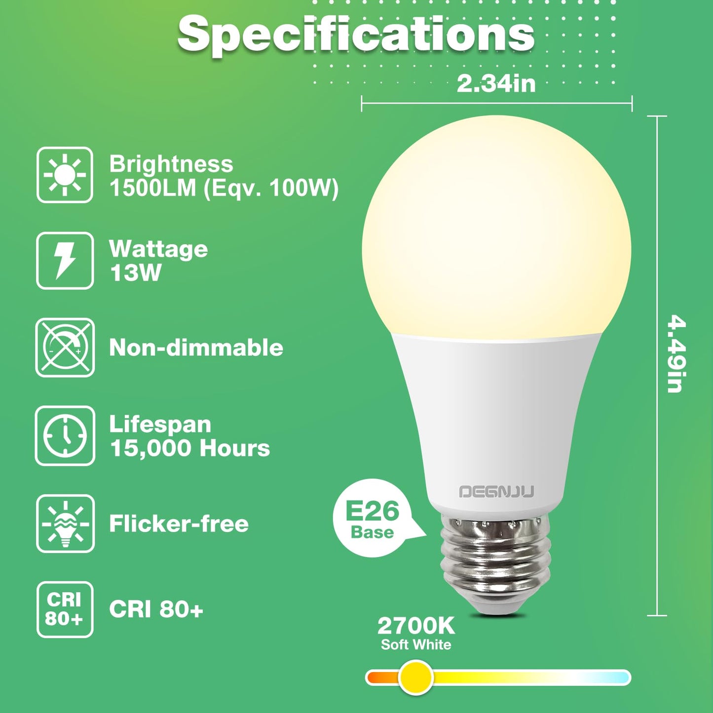 DEGNJU Light Bulbs,100 Watt LED Light Bulb Equivalent, 1500LM, Soft White 2700K Bulb with E26 Base, 13W Bright LED Bulb, 15000H, Non-Dimmable, White