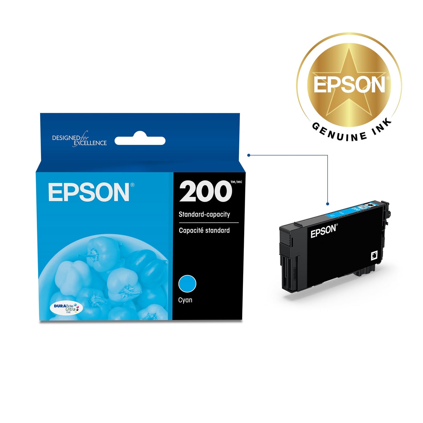 Epson 200 DURABrite Ultra Ink Standard Capacity Cyan Cartridge (T200220-S) Works with Workforce WF-2520, 2530, 2540, Expression XP-200, 300, 310, 400