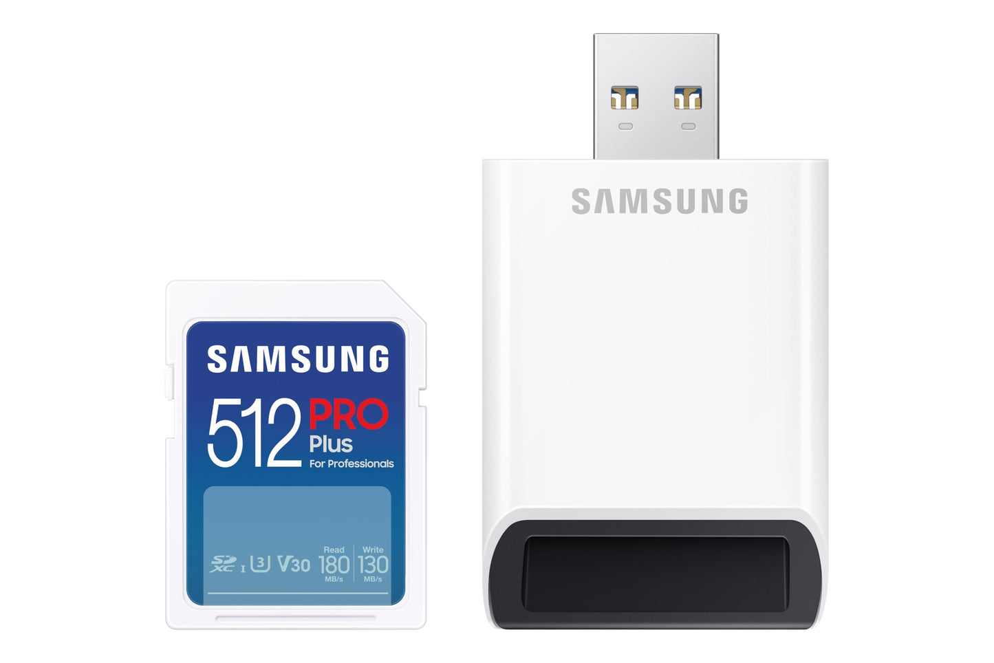 Samsung PRO Plus Full Size 512GB SDXC Memory Card + Reader, Up to 180 MB/s Reads/Writes, Full HD & 4K UHD, UHS-I, C10, U3, V30 for DSLR, Mirrorless