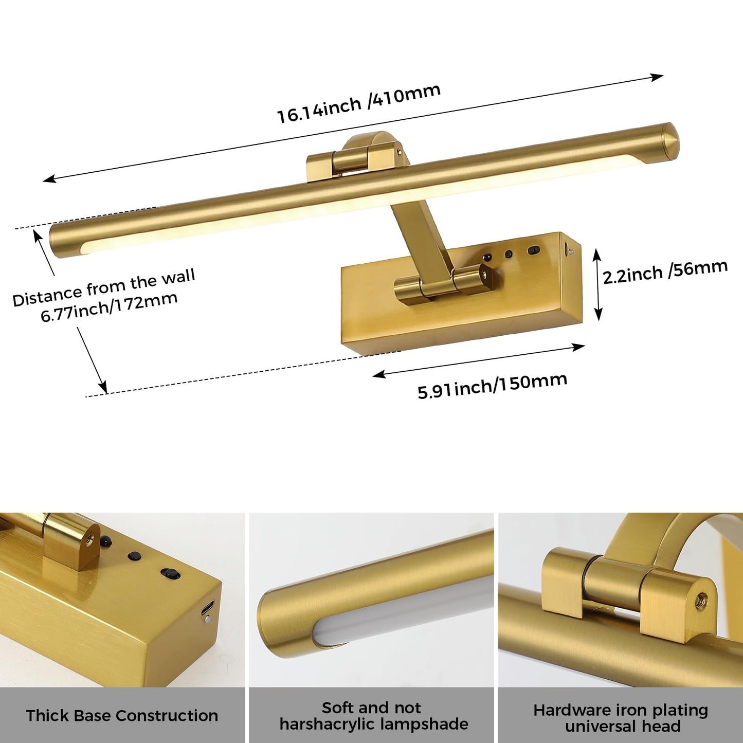 MKBNG Gold Battery Operated Wall Sconce with Remote - 3CCT Picture Lights for Wall, 270° Rotatable Lamp for Aura Frame Or Under Cabinet Lighting